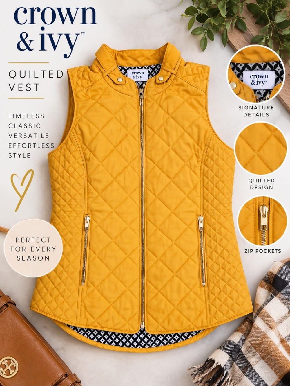 Crown & Ivy Mustard Yellow Quilted Vest Gold Zip Size M